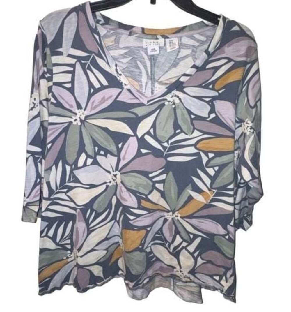 Nicole Miller New York Floral 100% Cotton V-Neck 2X Top Shirt